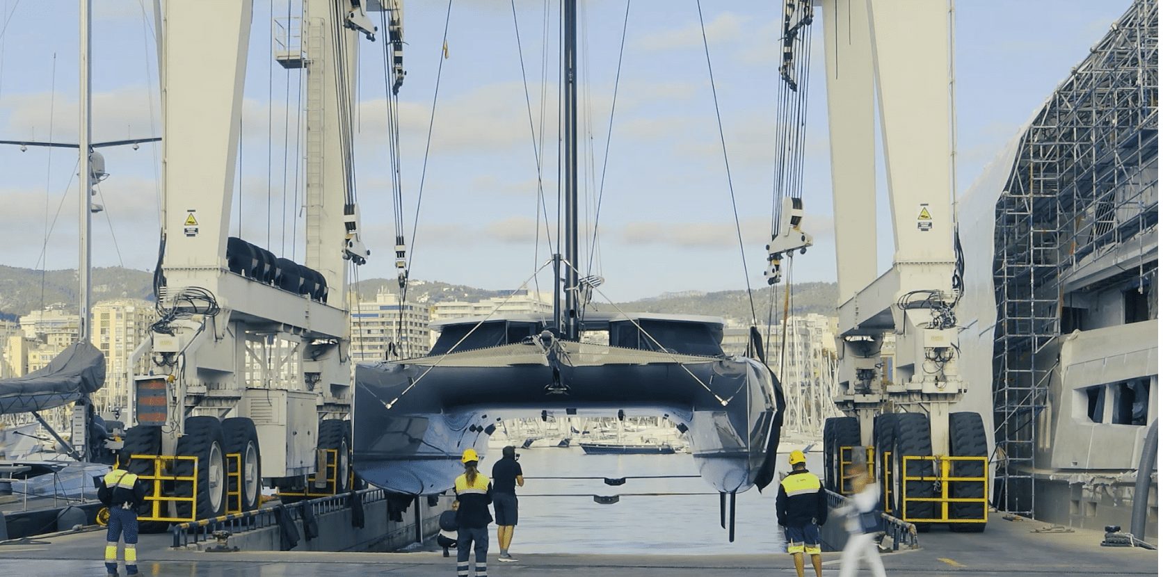 Superyacht being craned in Palma de Mallorca